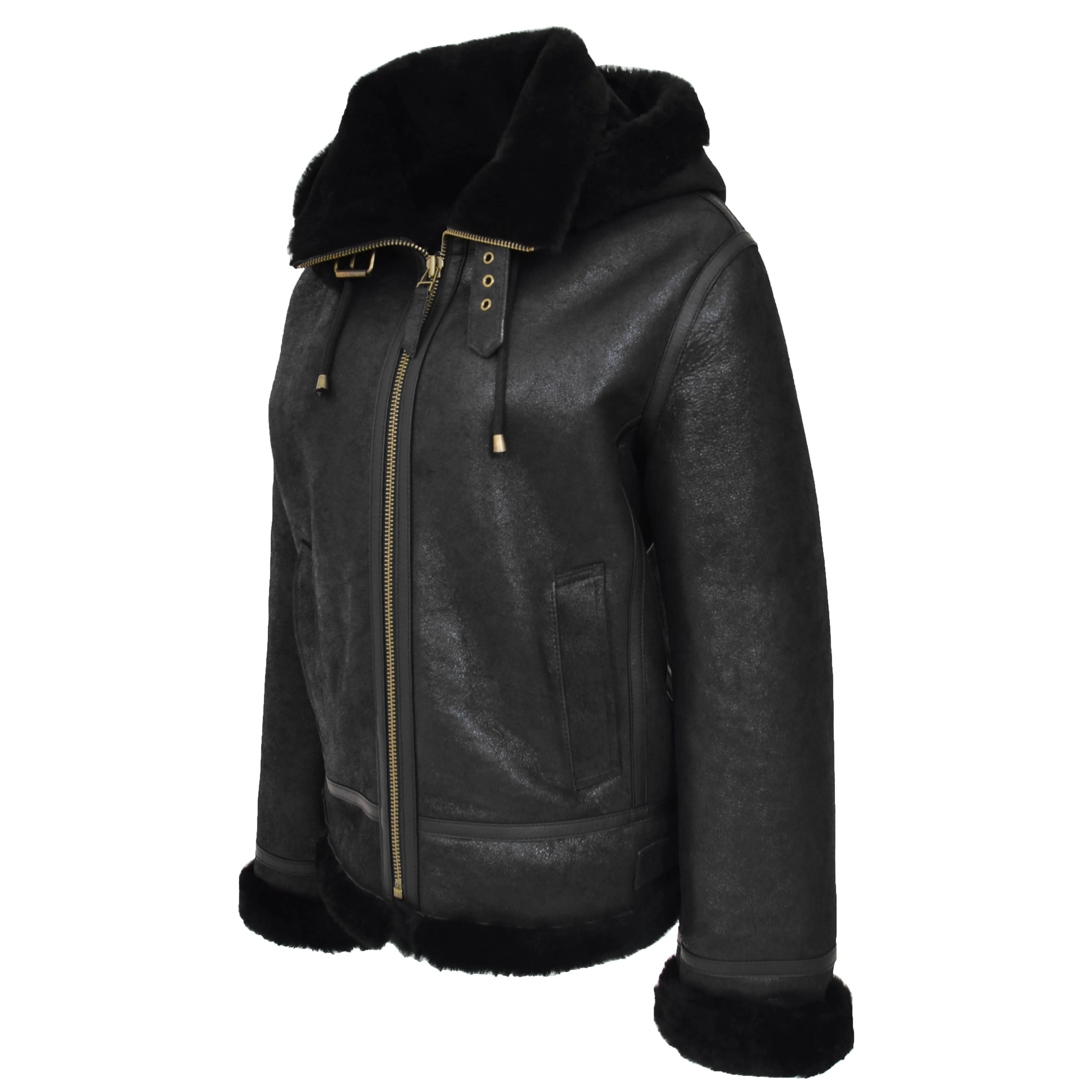 Womens Sheepskin B3 Detachable Hoodie Jacket Naomi Black