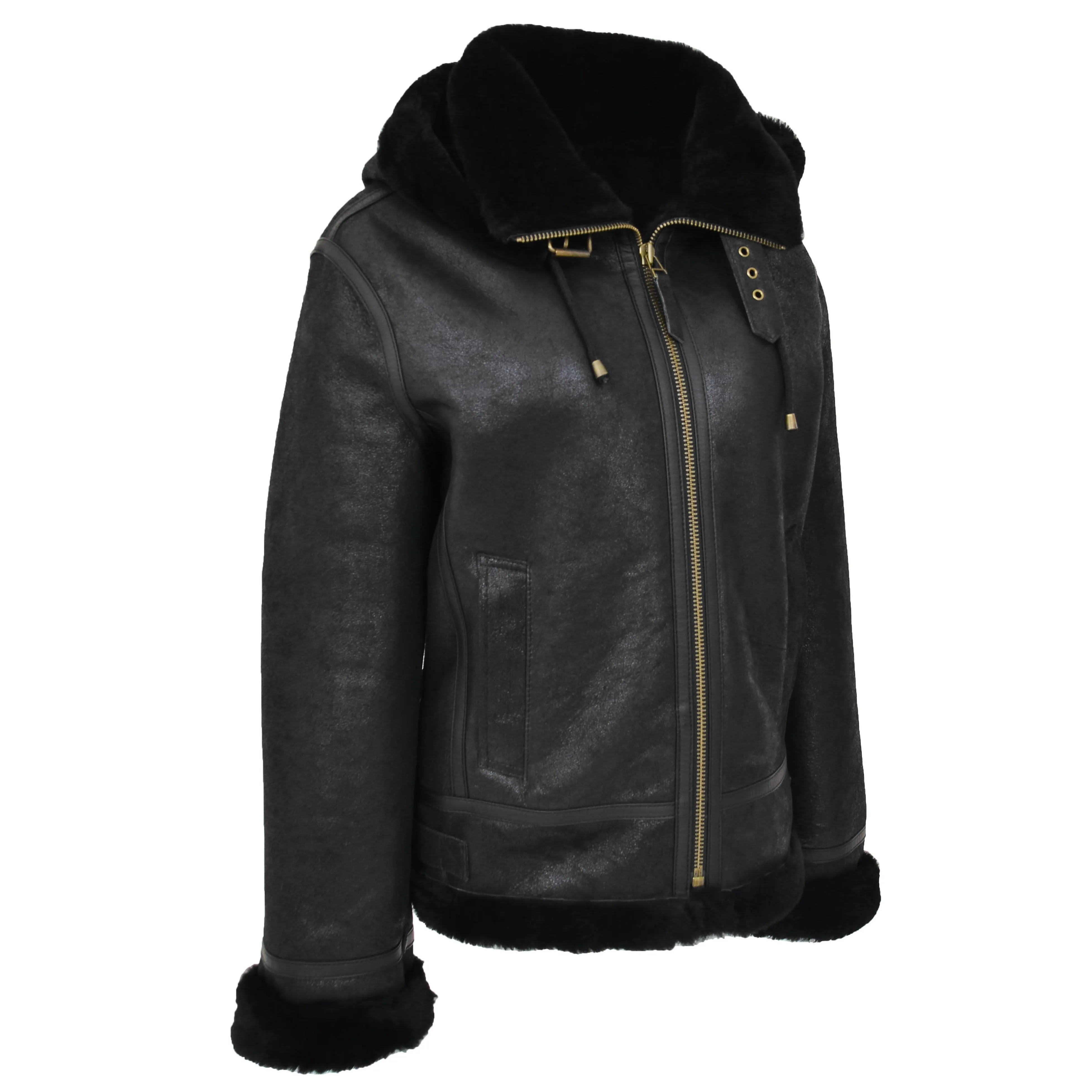 Womens Sheepskin B3 Detachable Hoodie Jacket Naomi Black